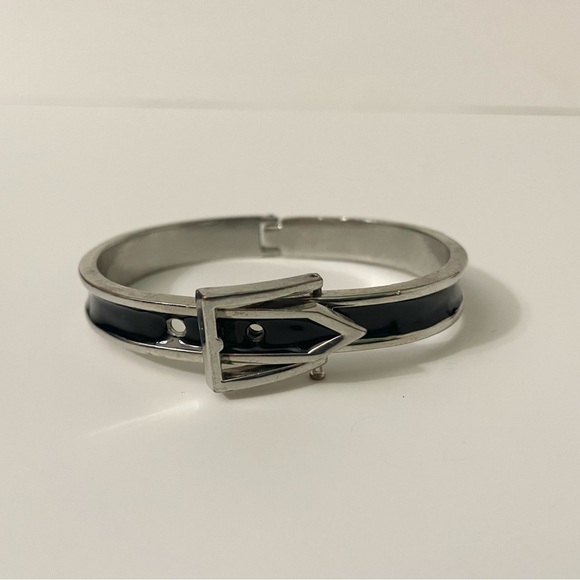 Adjustable Belt Black & Silver Enamel Paint Metal Hinged Bangle Bracelet - Picture 2 of 13